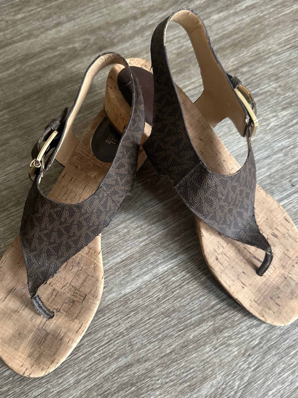 Michael Kors Brown Logo Cork Wedge Thong Sandals